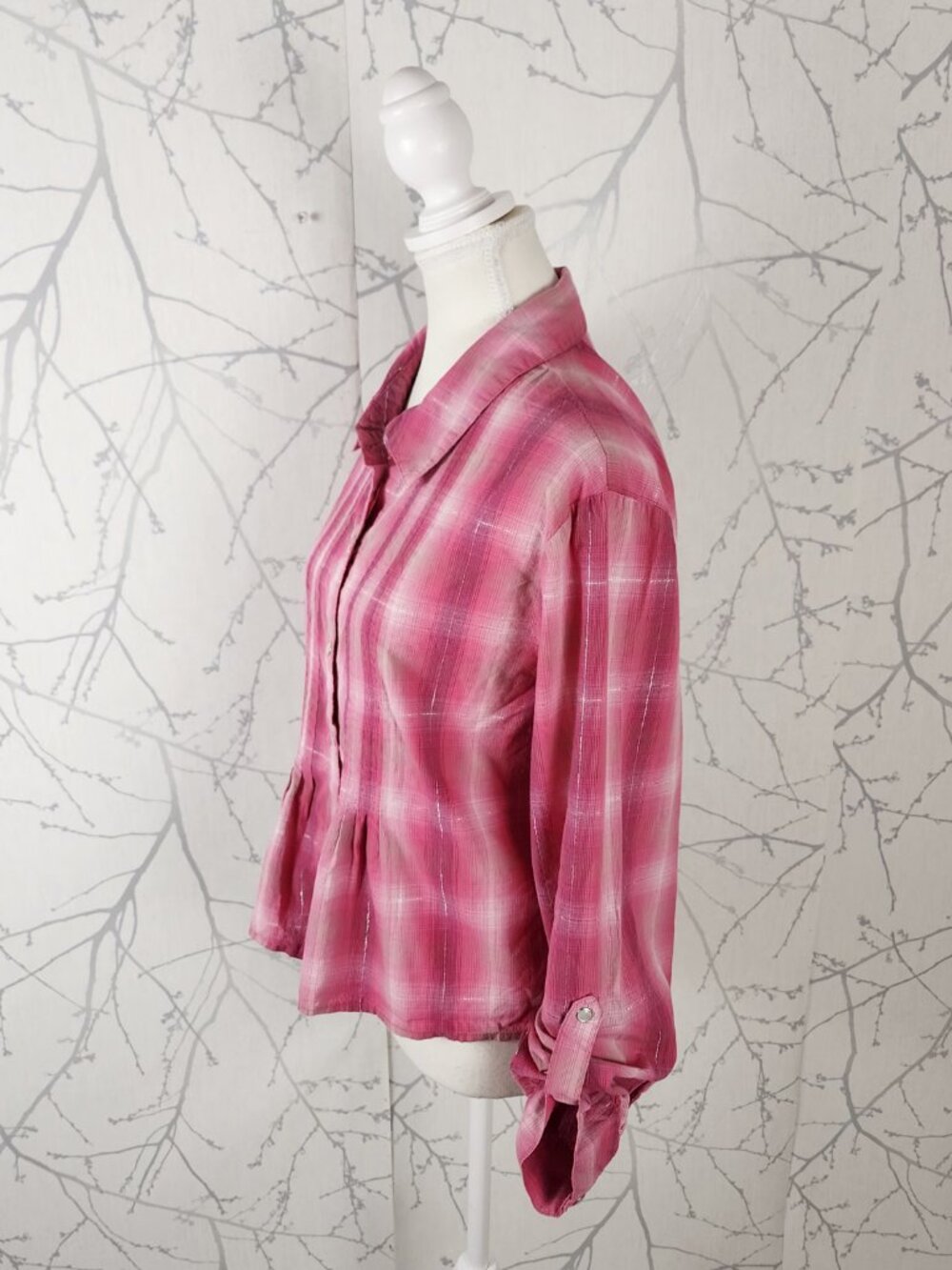 Style & Co Pink Plaid Metallic Cotton Pearl Snap Western Blouse - Picture 3 of 5